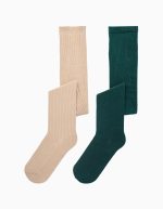 Pack 2 Collants Fille Uni/Côte, Beige/Vert