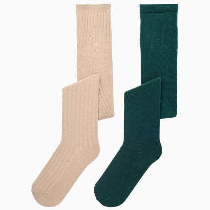 Pack 2 Collants Fille Uni/Côte, Beige/Vert