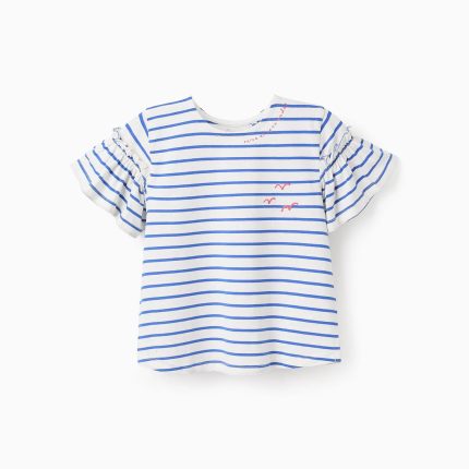 T-shirt Fille en Coton Rayé 'Seven Waves', Blanc/Bleu
