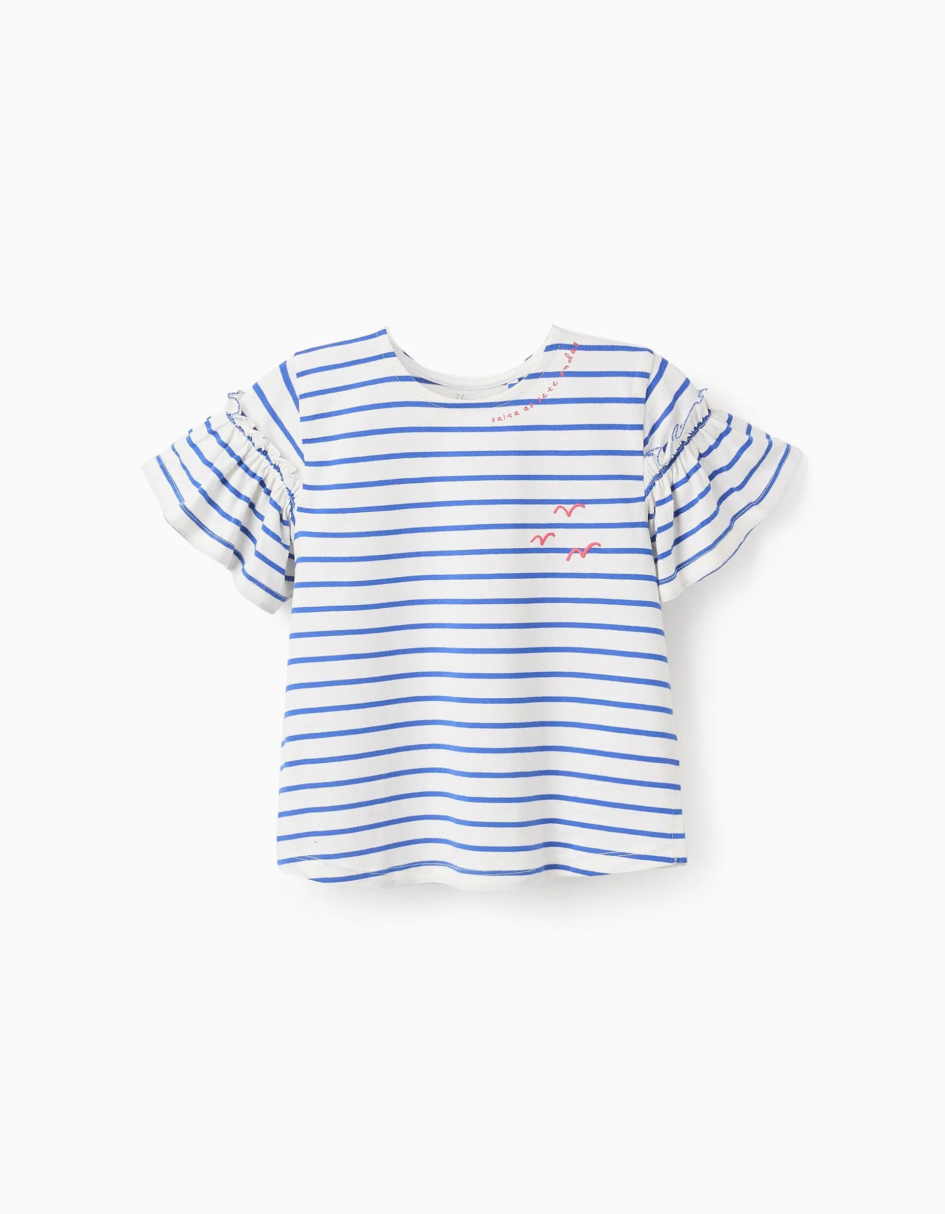31071007021-0.bk T-shirt Fille en Coton Rayé 'Seven Waves', Blanc/Bleu – Image 1