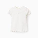 T-shirt côtelé finition ondulée bébé fille, blanc