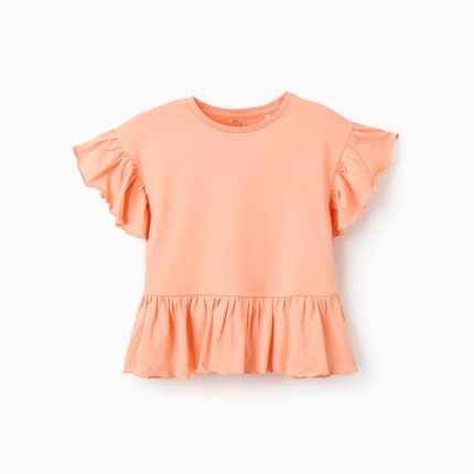T-shirt en coton à volants fille, corail