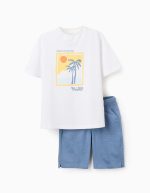 T-shirt + Short en Coton Garçon 'Sun & Sand', Blanc/Bleu