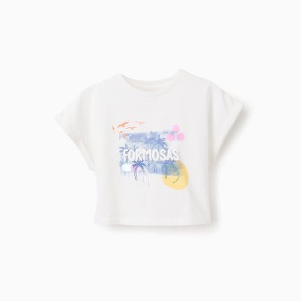 T-shirt Court en Coton Fille 'Lovely', Blanc