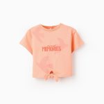 T-shirt en coton avec noeud bébé fille 'Summer Memories', Corail