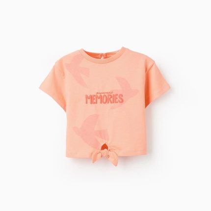 T-shirt en coton avec noeud bébé fille 'Summer Memories', Corail