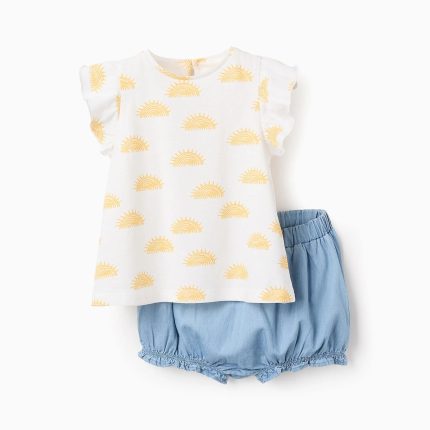 T-shirt + Short en coton Bébé Fille 'Sun', Blanc/Bleu