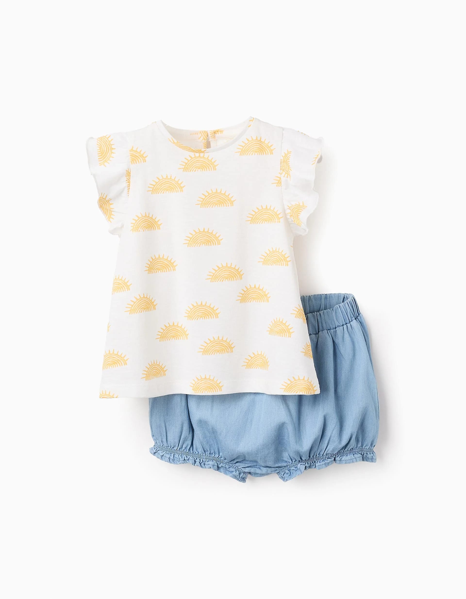 31071173041-0-1.jpg T-shirt + Short en coton Bébé Fille 'Sun', Blanc/Bleu – Image 1