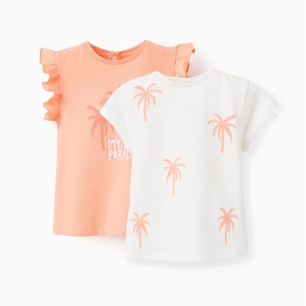 Lot de 2 tee-shirts à motifs et imprimés bébé fille, blanc/corail
