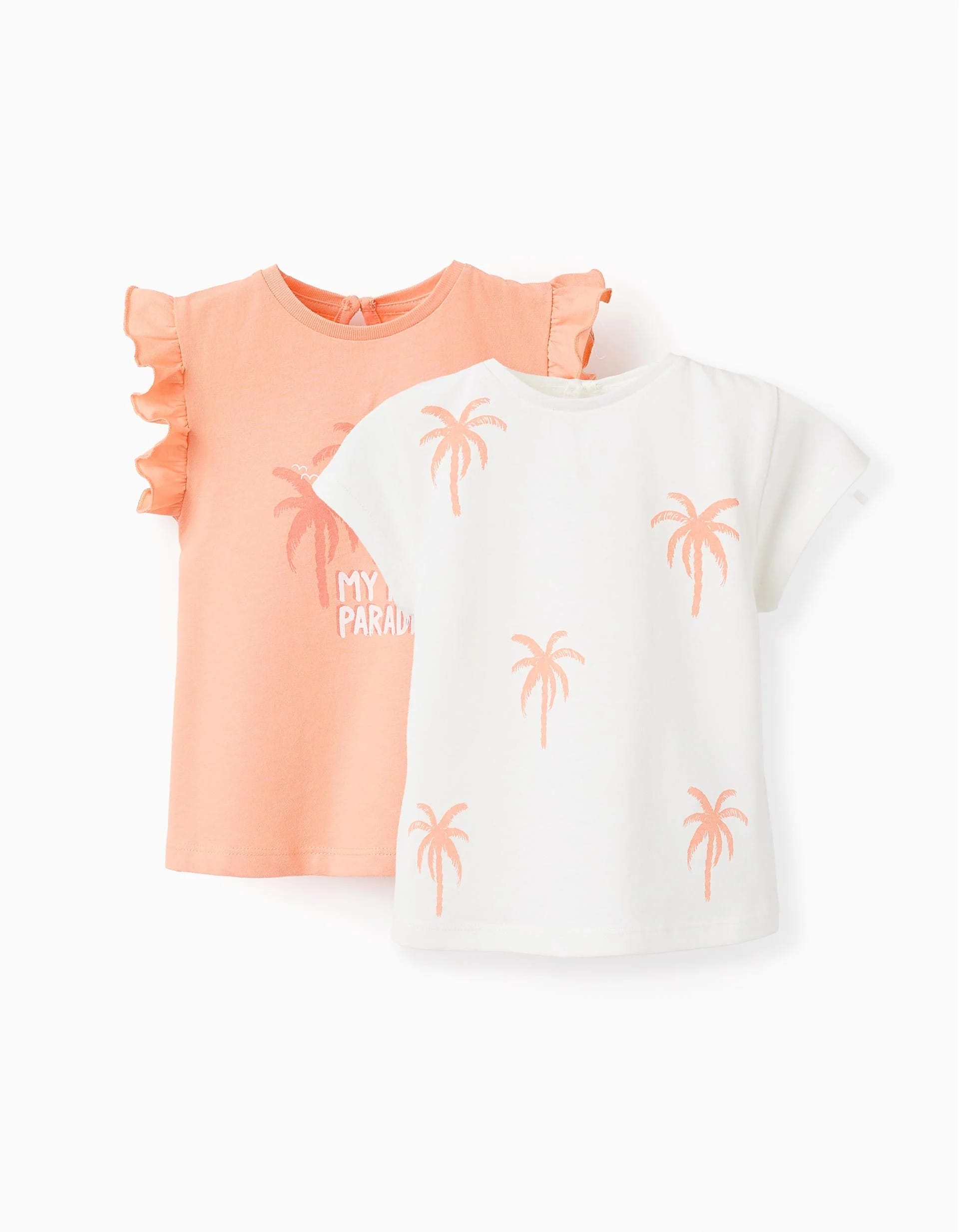 31071246037-0 Lot de 2 tee-shirts à motifs et imprimés bébé fille, blanc/corail – Image 1
