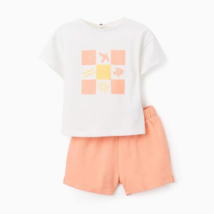 T-shirt + Short Bébé Fille 'Summer', Blanc/Corail