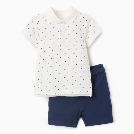 Polo + short à pois bébé garçon, blanc/bleu marine