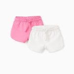Lot de 2 shorts à cordon de serrage bébé fille, blanc/rose