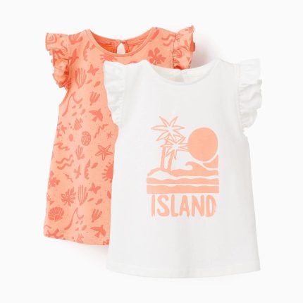 Lot de 2 Tops à Volants Bébé Fille 'Island', Blanc/Corail