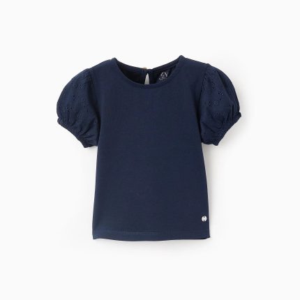 T-shirt manches broderie anglaise bébé fille, bleu foncé
