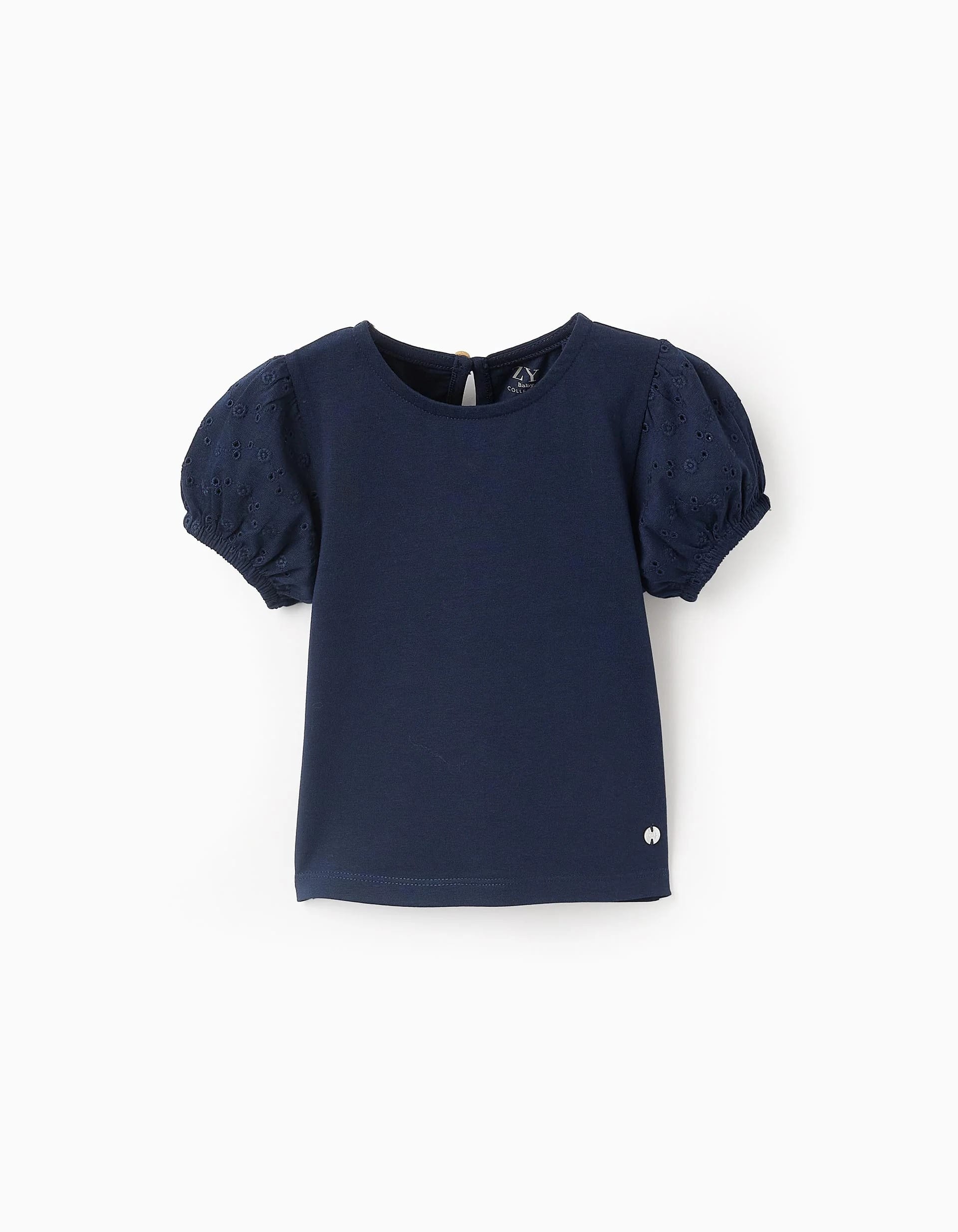 31071655006-0 T-shirt manches broderie anglaise bébé fille, bleu foncé – Image 1