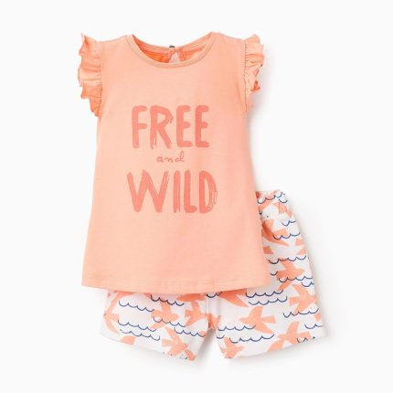 T-shirt + short à motif bébé fille 'Free', corail/blanc