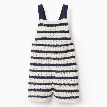 Combinaison en tricot rayé pour bébé fille, beige/bleu foncé