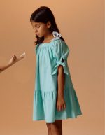 Robe fille en coton et lin, bleu clair – Image 5