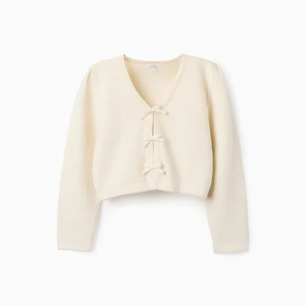 Cardigan en coton avec nœuds fille, beige