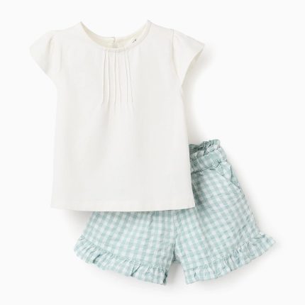 T-shirt + Short Vichy Bébé Fille 'B&S', Vert Aqua/Blanc