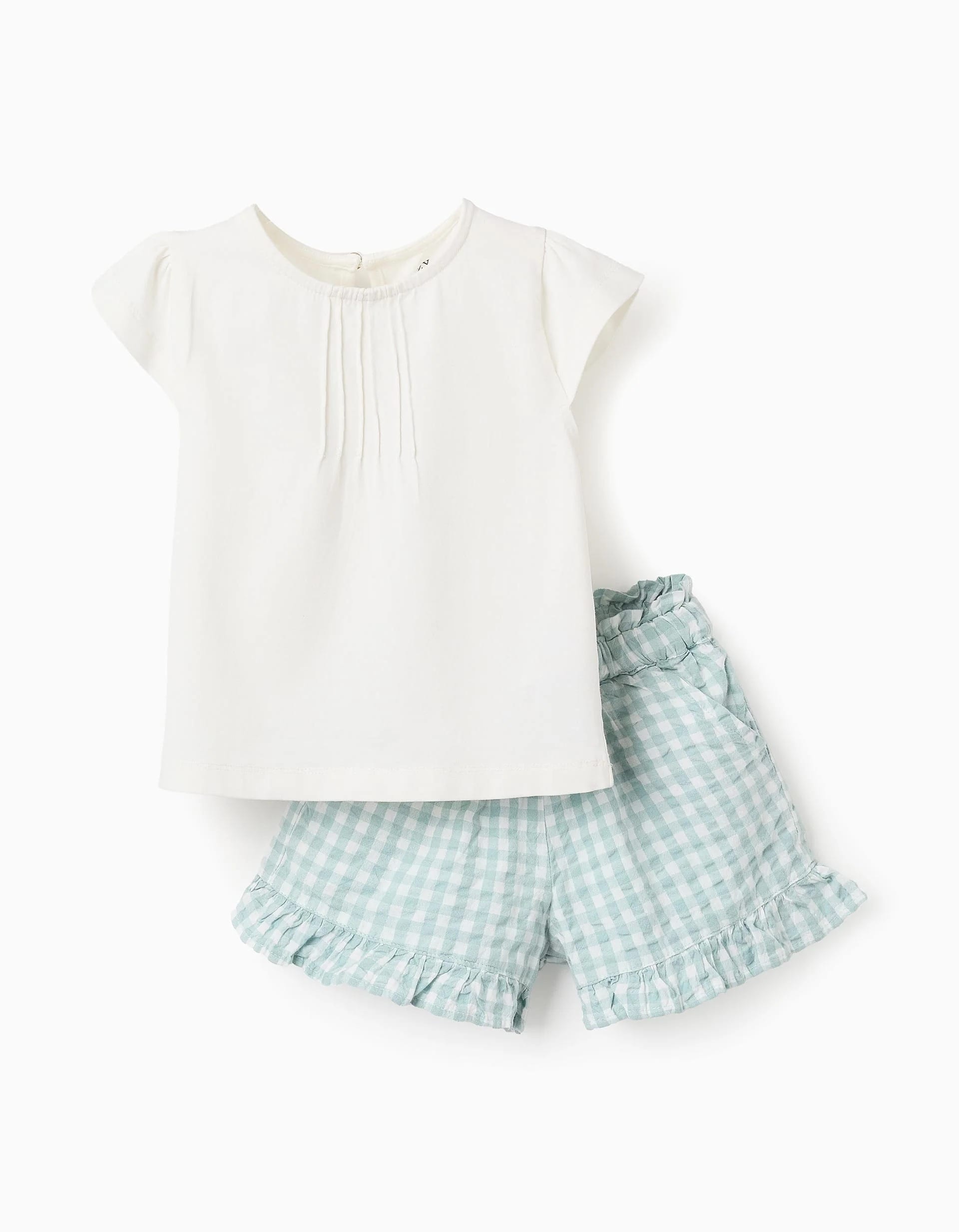 31072966022-0-1.jpg T-shirt + Short Vichy Bébé Fille 'B&S', Vert Aqua/Blanc – Image 1