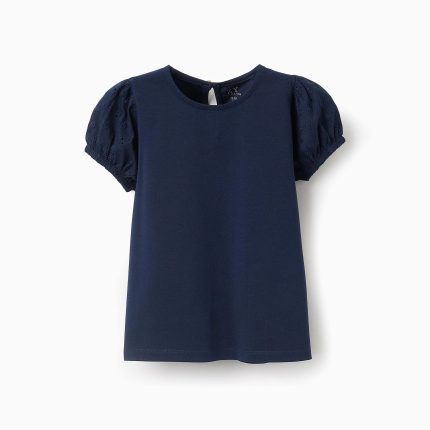 T-shirt manches broderie anglaise fille, bleu foncé
