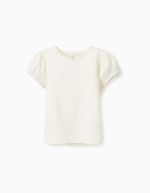 T-shirt manches broderie anglaise fille, blanc