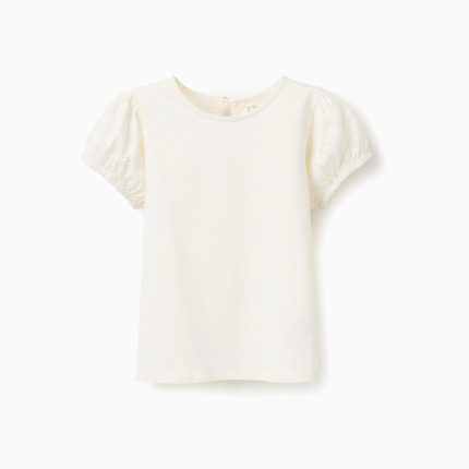 T-shirt manches broderie anglaise fille, blanc