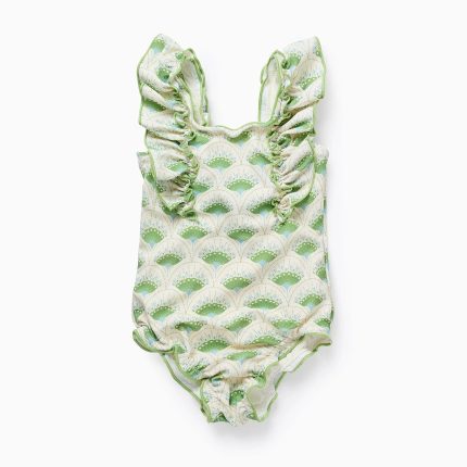 Maillot de bain à motif et volants bébé fille, beige/vert