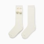 CHAUSSETTES HAUTE POMPOM CÔTELÉ, BLANC