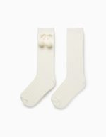 CHAUSSETTES HAUTE POMPOM CÔTELÉ, BLANC