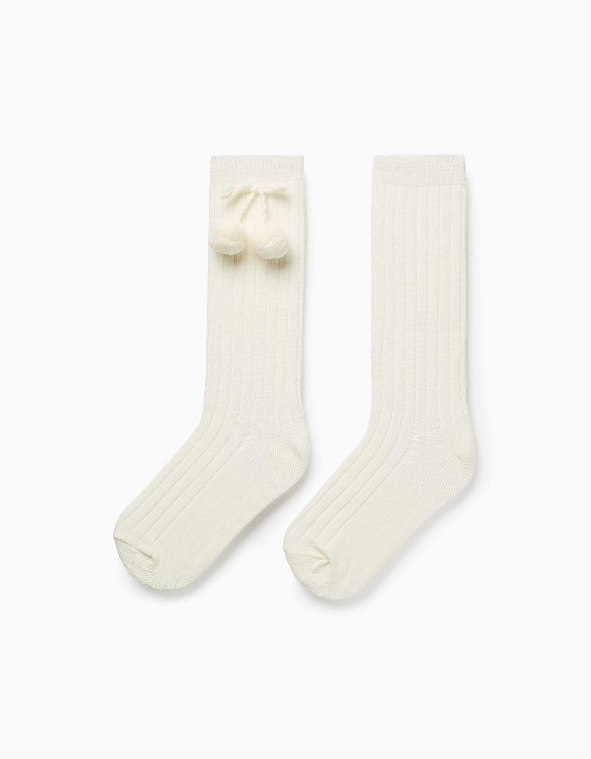 31073735041-0-1.jpg CHAUSSETTES HAUTE POMPOM CÔTELÉ, BLANC – Image 1