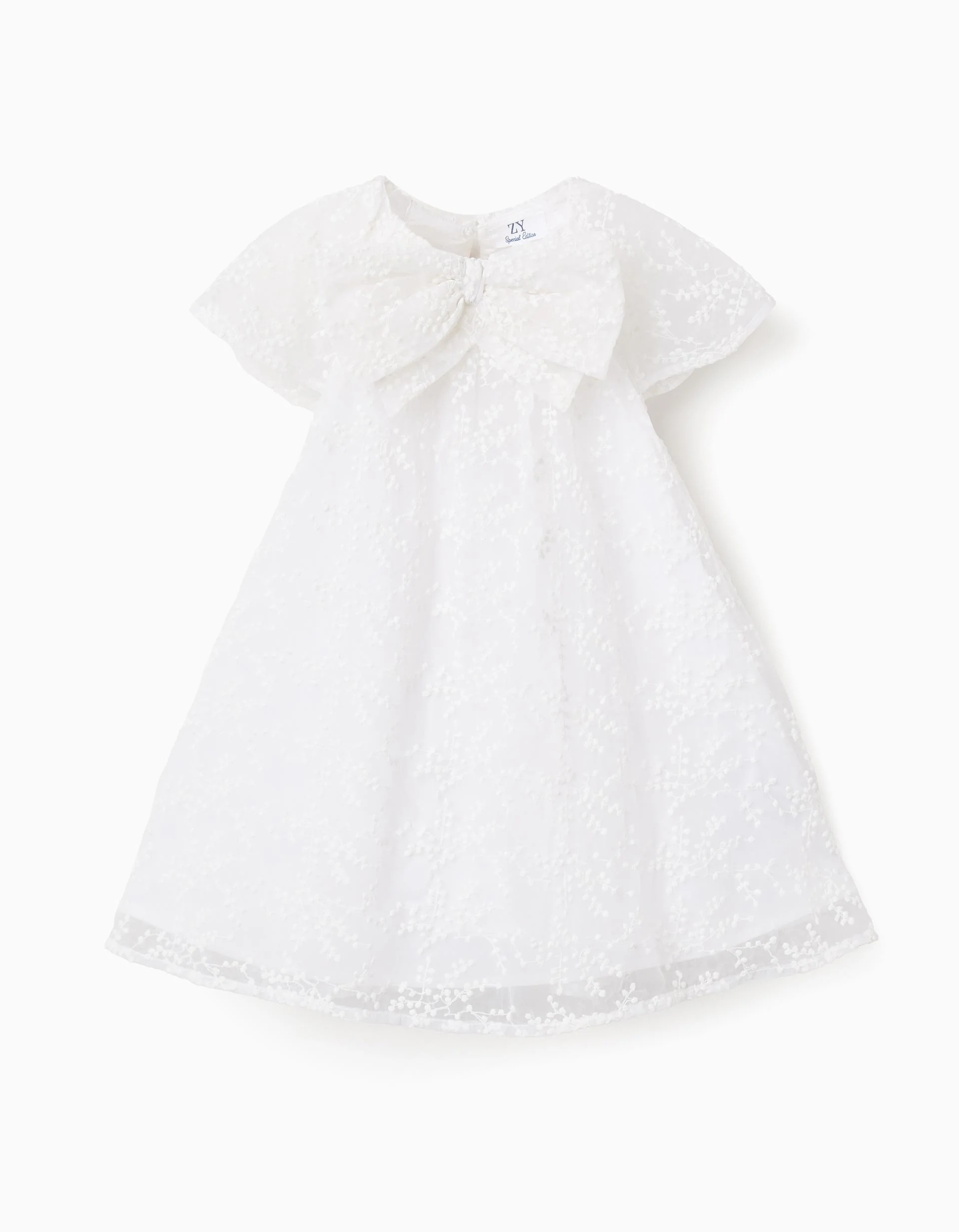 31076983041-0 Robe blanche à nœud et manches à volants style cape pour bébé fille – Image 1