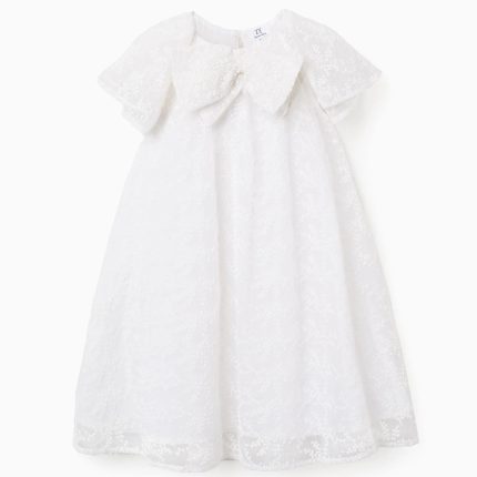 Robe blanche à nœud et manches à volants style cape pour fille