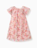 Robe en tulle à manches courtes avec fleurs 3D pour filles rose clair