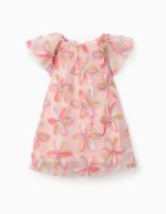 Robe en tulle à manches courtes avec fleurs 3D pour bébé fille rose clair