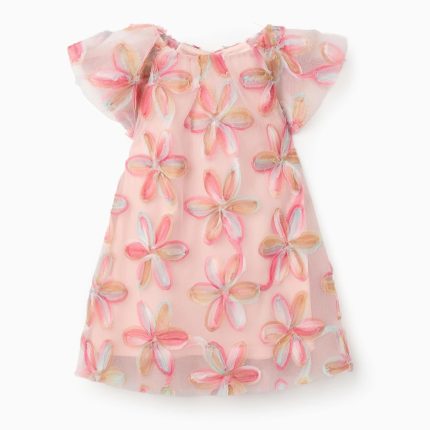 Robe en tulle à manches courtes avec fleurs 3D pour bébé fille rose clair