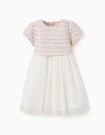 Robe à manches courtes en tweed et résille pour bébé fille rose