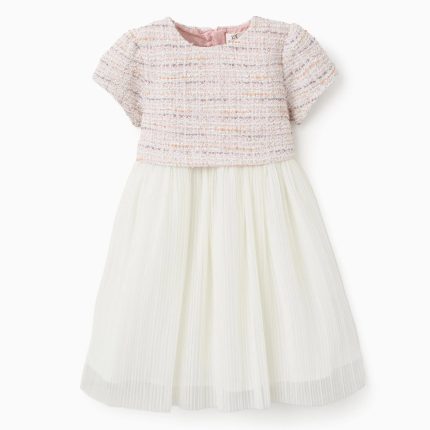 Robe à manches courtes en tweed et résille pour bébé fille rose