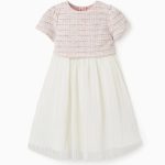 Robe à manches courtes bicolore en tweed et résille pour fille rose