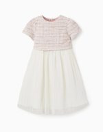 Robe à manches courtes bicolore en tweed et résille pour fille rose