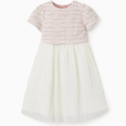 Robe à manches courtes bicolore en tweed et résille pour fille rose