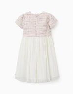 Robe à manches courtes bicolore en tweed et résille pour fille rose – Image 2