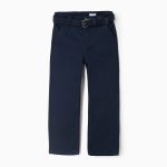 Pantalon chino ajusté en sergé avec ceinture pour garçon, bleu foncé
