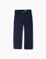 Pantalon chino ajusté en sergé avec ceinture pour garçon, bleu foncé