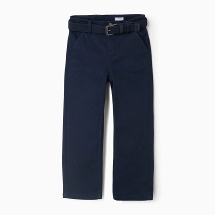 Pantalon chino ajusté en sergé avec ceinture pour garçon, bleu foncé