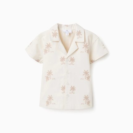 Chemise en coton avec palmiers brodés pour bébé garçon, beige clair