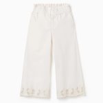 Pantalon large en coton à fleurs brodées pour filles, blanc