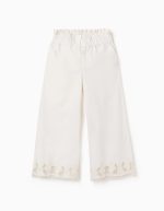 Pantalon large en coton à fleurs brodées pour filles, blanc